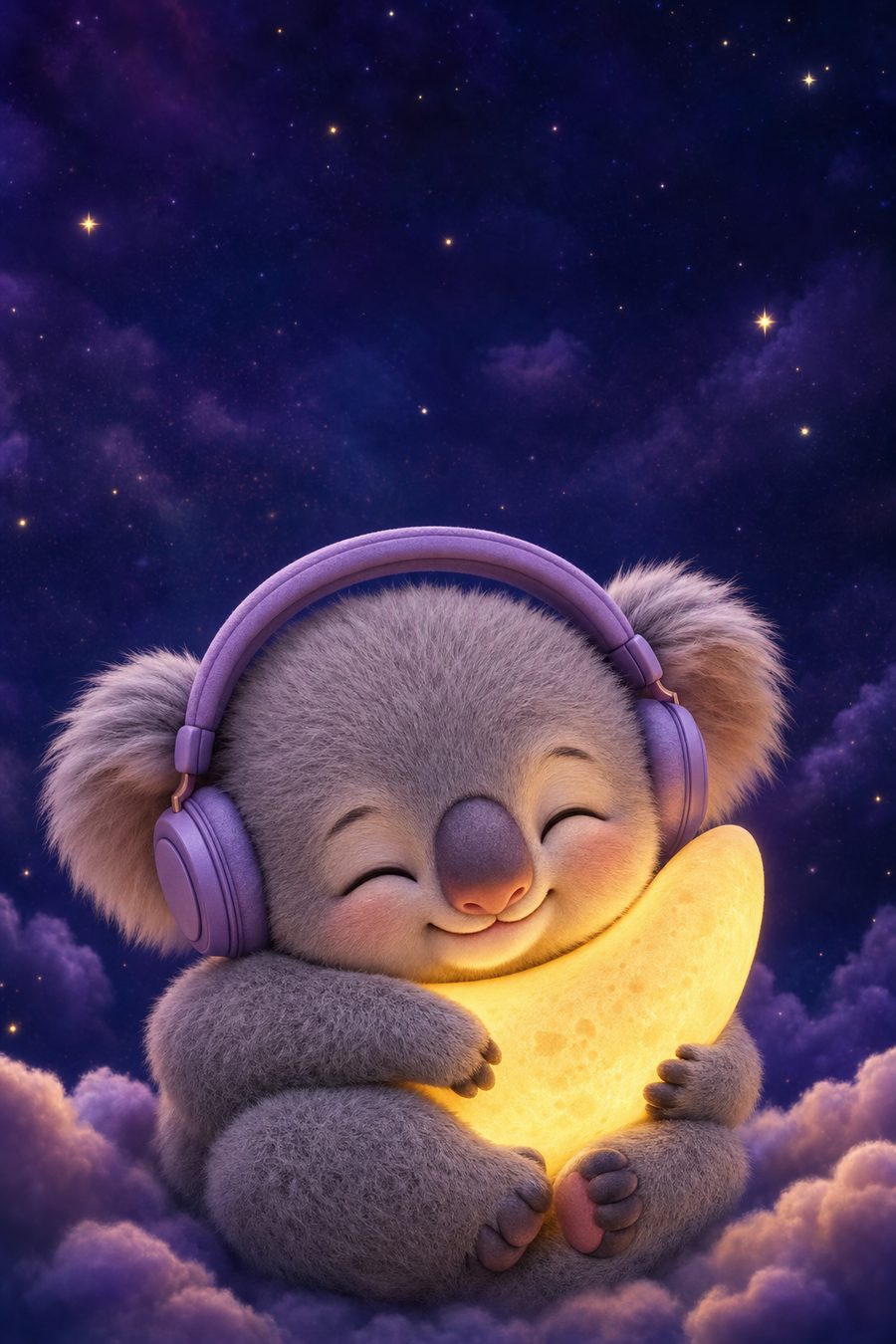 A koala asleep holding a crescent moon